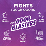 Purple infographic reading Fights Tough Odors with Odor Blasters and icons for pet odors, sweat, damp clothes and musty towels
