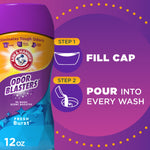 Instructional graphic showing the Odor Blasters bottle and two steps: 'Fill cap' and 'Pour into every wash' with pictograms.
