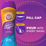 Instructional graphic showing Arm & Hammer Odor Blasters bottle with step icons and text: Step 1 fill cap, Step 2 pour into every wash
