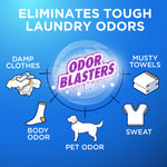 Blue infographic circle highlighting "Odor Blasters" with icons for damp clothes, musty towels, body odor, pet odor and sweat
