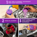 Instructional panel with steps illustrated: add detergent, toss laundry, pour fabric rinse into softener dispenser, showing the product in use