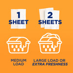 Orange infographic showing one sheet for medium loads and two sheets for large loads with laundry basket icons and bold sheet text.
