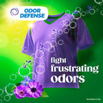 Graphic of a purple shirt surrounded by bubbles and flowers with an 'odor defense' callout and 'fight frustrating odors' text
