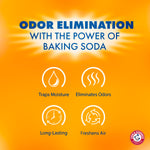 Bright orange graphic panel stating odor elimination with the power of baking soda and icons for trapping moisture and freshening air