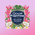 Badge-style graphic with ‘Odor Fighting for Lasting Freshness’ over tropical flowers and coconut halves