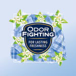 Badge-style graphic reading 'Odor Fighting For Lasting Freshness' over a blue gingham and floral background.