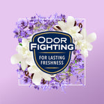 Badge reading "Odor Fighting for Lasting Freshness" over lavender and white flowers on purple background