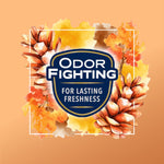 Odor Fighting for Lasting Freshness badge over watercolor pinecone and leaf artwork on warm background