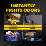 Graphic grid showing food, pet, body and smoke odor sources with bold text claiming it instantly fights odors