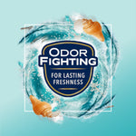 Circular 'Odor Fighting for Lasting Freshness' badge over a turquoise wave graphic with seashell accents