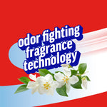 Graphic of white flowers on a red background with bold text reading 'odor fighting fragrance technology.'