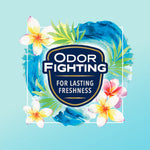 Badge-style graphic reading ‘Odor Fighting for Lasting Freshness’ over watercolor ocean and plumeria artwork