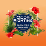 Badge-style graphic reading ‘Odor Fighting for Lasting Freshness’ set over tropical leaves and hibiscus flowers.