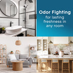 Split image showing bathroom, living room and kitchen photos with text about odor fighting for lasting freshness