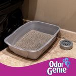 Odor Genie unit placed on a floor next to a gray cat litter box in a bathroom-style scene with brand graphic