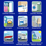 Grid of illustrated location icons showing suggested use areas like closets, bathrooms, garages and RVs