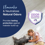 Graphic panel showing 'Eliminates & Neutralizes Natural Odors' with Odor Guard shield and person cuddling a dog on floor.
