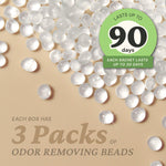 Close-up of translucent odor-removing beads scattered on a surface with a badge stating lasts up to 90 days and callout text