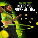 Graphic with a person hula-hooping among floating yellow beads and text OdorBLOCKER keeps you fresh all day