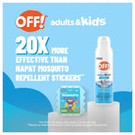 OFF! adults & kids branding with product bottle and a comparison graphic claiming 20X more effective than mosquito repellent stickers