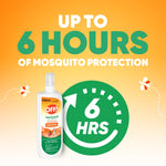 Promotional graphic showing an OFF! bottle next to a large green clock icon and text claiming up to 6 hours of mosquito protection