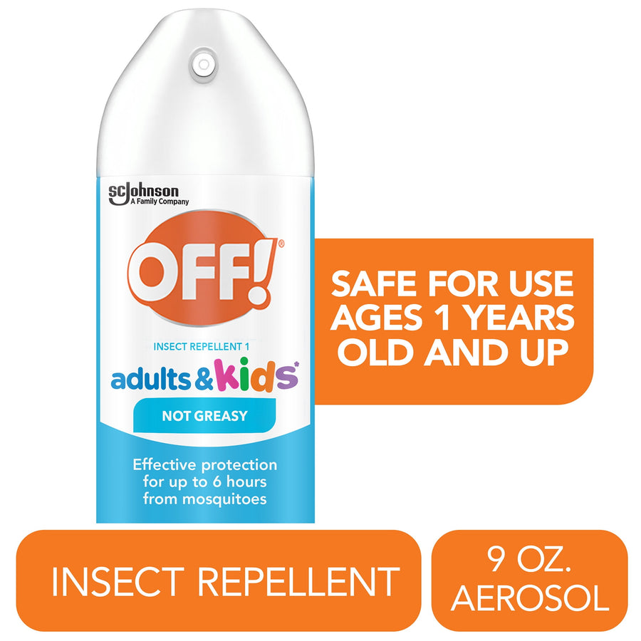 Close-up product shot of an OFF! adults & kids fragrance-free aerosol can with safety and usage callouts