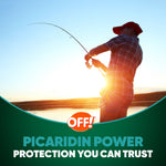 Silhouette of an angler casting at sunrise with OFF! branding and 'picaridin power' protection claim
