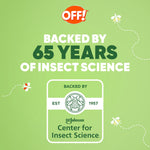 Green promotional graphic with OFF! logo and badge reading backed by 65 years of insect science and SC Johnson center seal