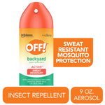 Front-facing OFF! Backyard Active sweat-resistant insect repellent aerosol can with bold product callouts