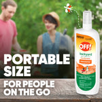 OFF! Backyard FamilyCare spray bottle on a wood surface with blurred picnic background and text calling it a portable size for people on the go