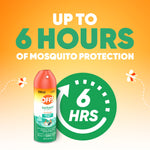 OFF! Backyard aerosol can shown next to bold graphic reading up to 6 hours of mosquito protection on orange background