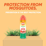 OFF! Backyard Active insect repellent aerosol can displayed on a pedestal with grass and promotional headline