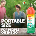 OFF! Backyard FamilyCare aerosol can displayed on a wooden surface with blurred picnic background and portable size text