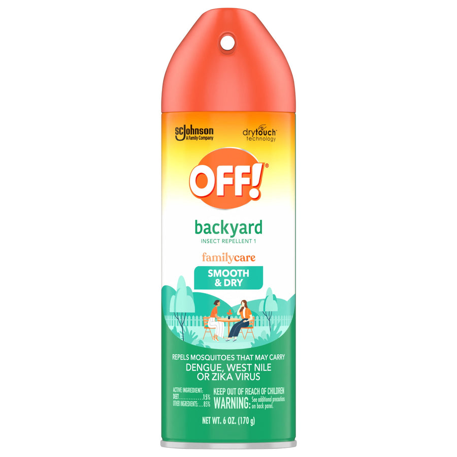 Tall OFF! Backyard FamilyCare smooth & dry aerosol repellent can with orange cap and green label showing backyard illustration