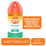 Front-facing OFF! Backyard FamilyCare smooth & dry aerosol can with informational orange callouts about mosquito protection