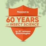 Orange shield graphic stating 'Powered by 60 years of insect science by SC Johnson Entomologists' on green background