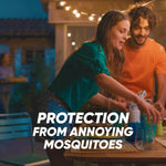 Evening backyard scene of two people at a table with headline text 'Protection from annoying mosquitoes'
