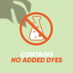 Illustrated laboratory flask inside a prohibition symbol with text 'Contains No Added Dyes' on a pale green background