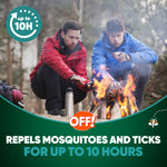 Two people warming hands by a campfire with OFF! branding and claim of up to 10 hours protection.