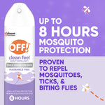 OFF! Clean Feel insect repellent aerosol against a purple background with text highlighting up to 8 hours mosquito protection
