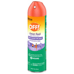 Angled front view of an OFF! Clean Feel insect repellent aerosol can with orange top and illustrated label