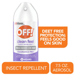 Close-up of an OFF! Clean Feel aerosol canister with purple label and orange logo, fragrance-free callout