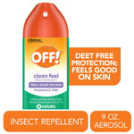 Front graphic of an OFF! Clean Feel aerosol can with DEET-free protection callouts and 9 oz label