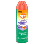 Straight-on front image of an OFF! Clean Feel aerosol insect repellent can with orange cap and green lower body