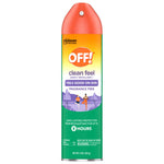 Tall front view of an OFF! Clean Feel insect repellent aerosol can with orange cap and green body