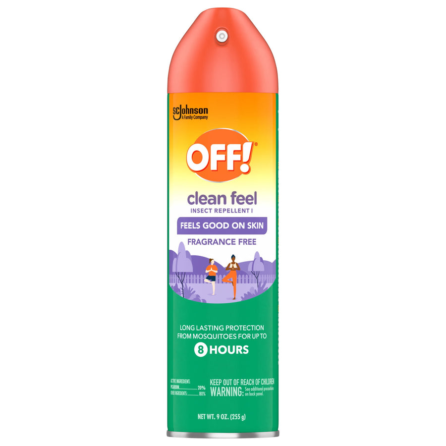 Tall front view of an OFF! Clean Feel insect repellent aerosol can with orange cap and green body