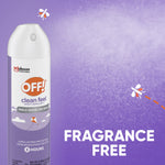 OFF! Clean Feel aerosol can shown spraying into a purple mist with 'Fragrance Free' text on the right