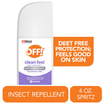 Close-up product shot of an OFF! Clean Feel insect repellent spritz bottle with orange badge and purple label