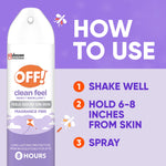 OFF! Clean Feel aerosol beside a purple 'How to Use' panel listing shake, hold 6-8 inches from skin, and spray instructions