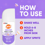 Instructional graphic showing an OFF! Clean Feel bottle and three steps: shake, hold 6–8 inches, apply spritz